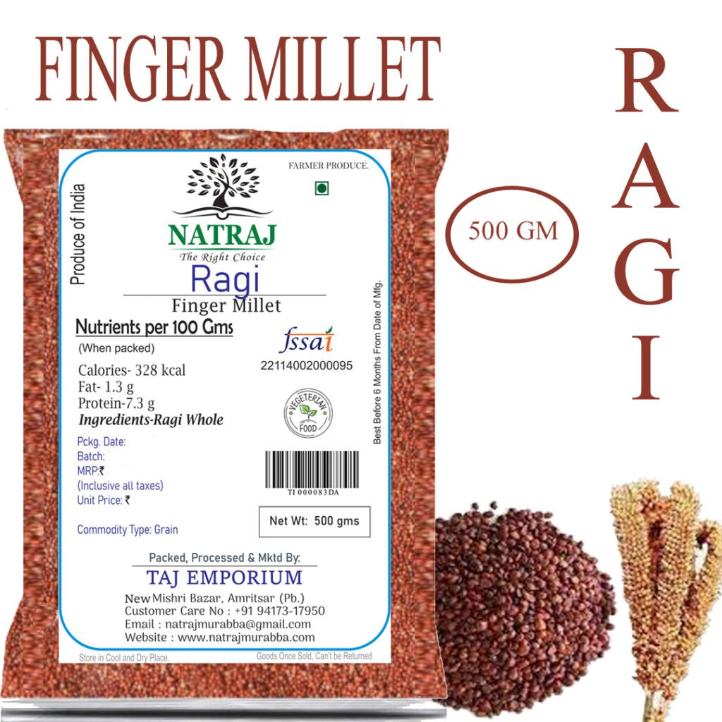 Ragi Millet grains, showing their small, round shape and brownish color.