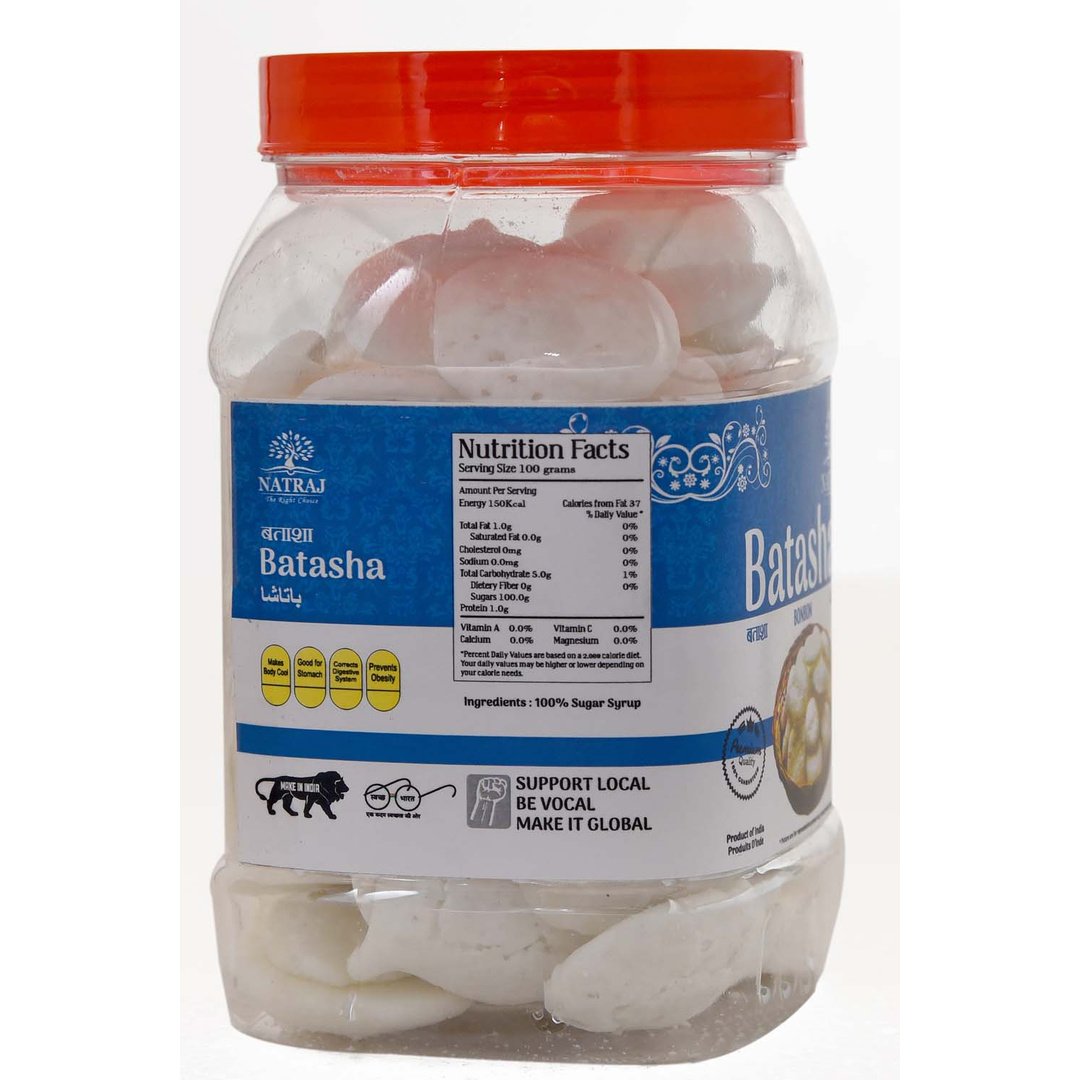 Nutritional facts and packaging details of Natraj The Right Choice Batasha jar