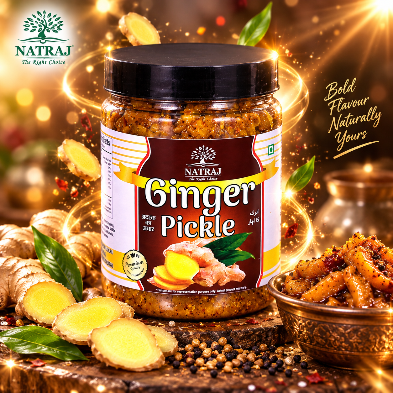 ChatGPT Image Sep 14, 2026, 06_00_17 PM (1) Natraj The Right Choice Ginger Pickle jar with fresh ginger slices and spices