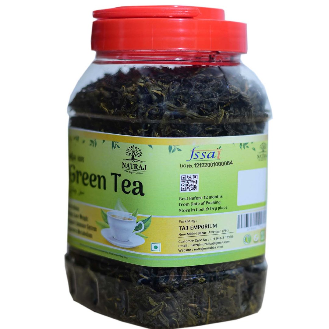 Natraj The Right Choice Premium Green Tea Leaves jar side label with FSSAI details