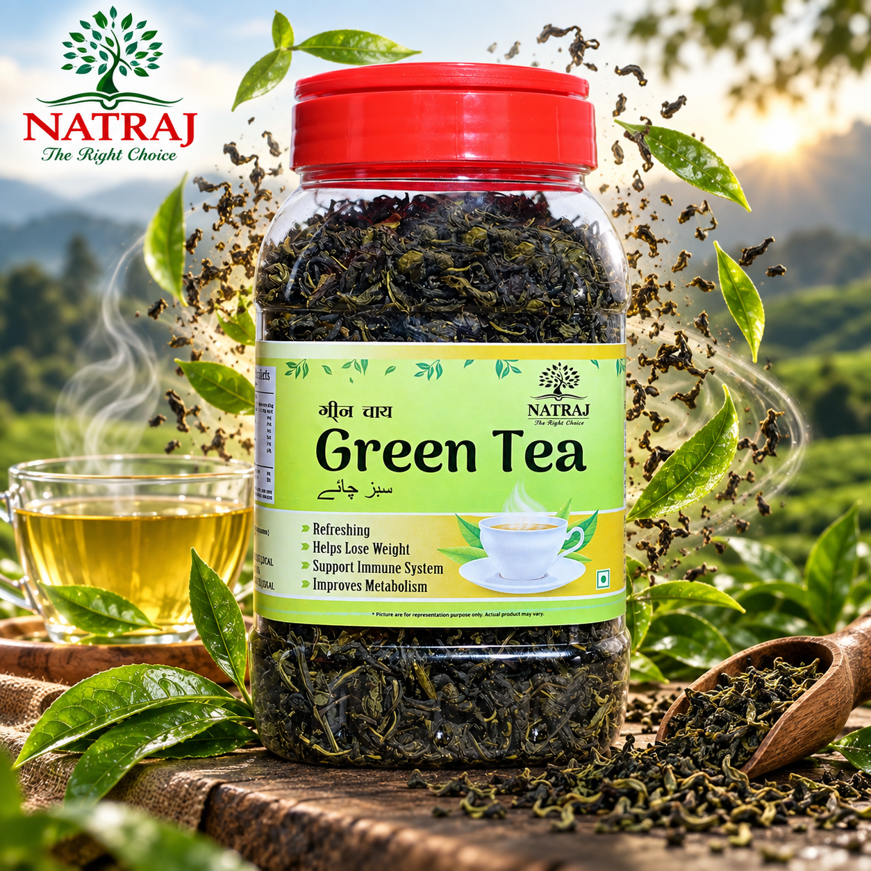 Green Tea Nutri 1080 x 1080 Fresh brewed cup with Natraj The Right Choice Green Tea Leaves jar