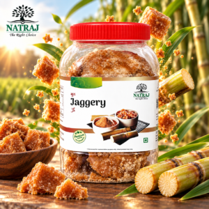 Natraj The Right Choice solid sugarcane jaggery cubes on display