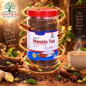 Natraj The Right Choice Masala Tea jar with whole spices and freshly brewed kadak chai