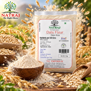 Natraj The Right Choice Oats Flour pouch pack with a bowl of fresh flour and oat stalks
