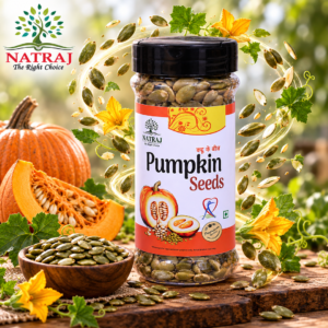 Pumpkin seeds jar by Natraj The Right Choice with raw pumpkin in rustic setting