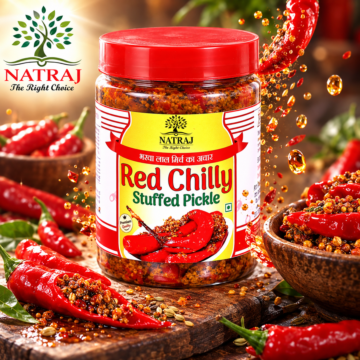red chiili real /Realistic product hero image with extra realistic effects also add the logo at the top left corner.