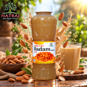 Natraj The Right Choice Badam Sharbat 750 ml bottle with almonds and badam milk glass