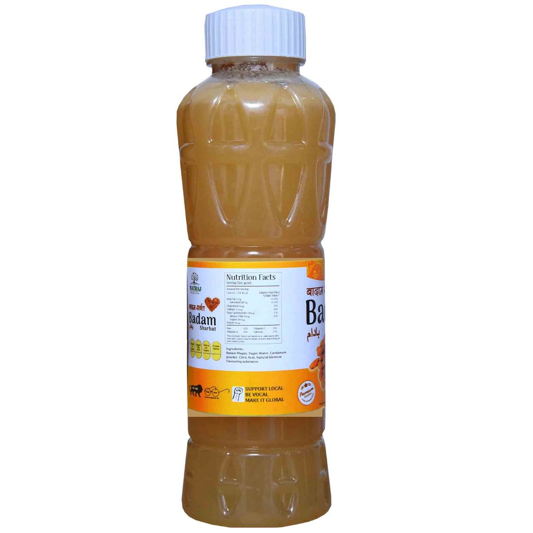 Ingredients and directions label for Natraj The Right Choice Badam Sharbat 750 ml