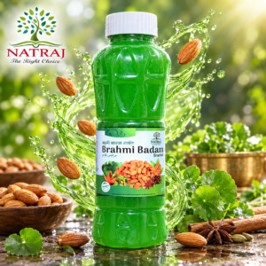 Natraj The Right Choice Brahmi Badam Sharbat 750 ml bottle with almonds and herbal ingredients