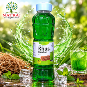 Refreshing chilled green Khus Sharbat drink with ice cubes and mint