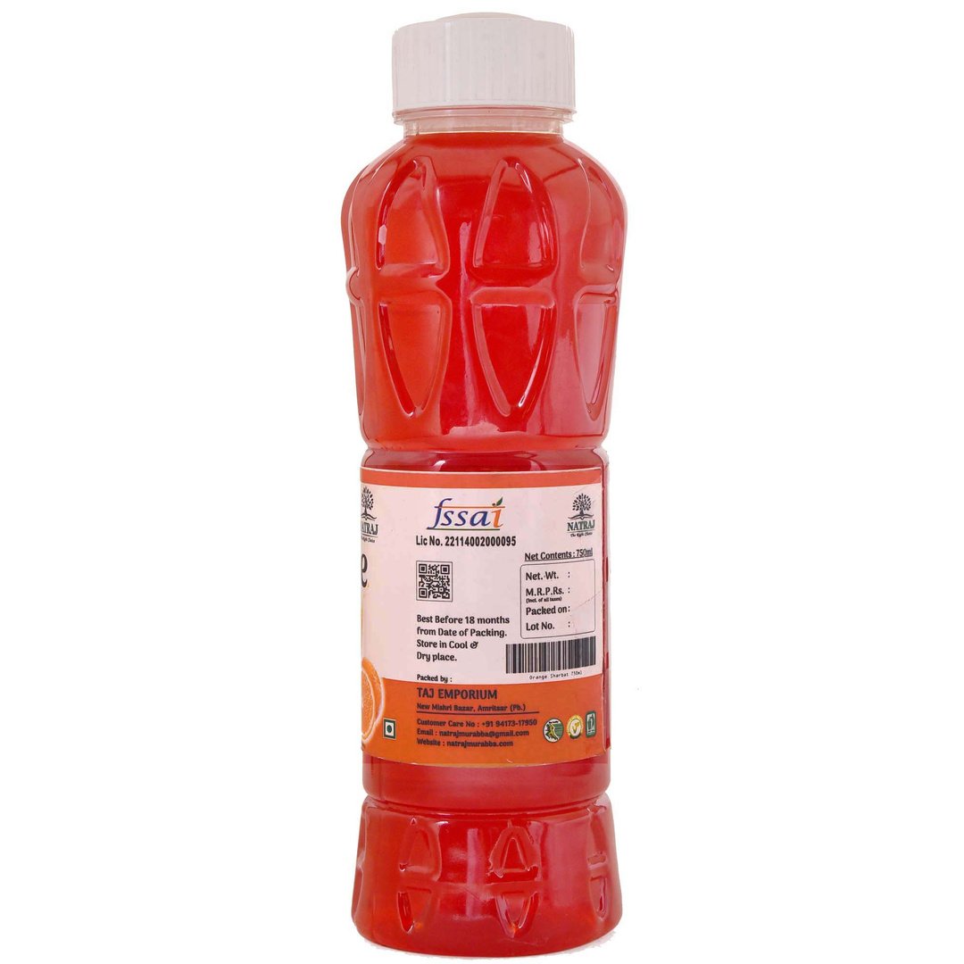 Natraj The Right Choice Orange Sharbat 750 ml bottle FSSAI label