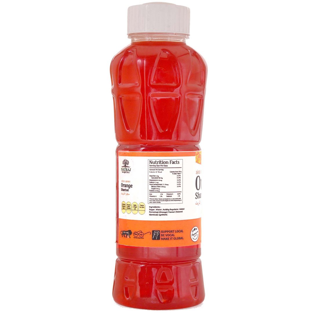 Natraj The Right Choice Orange Sharbat 750 ml bottle nutritional information and ingredients