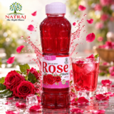 Natraj The Right Choice Rose Sharbat Syrup 750ml bottle with fresh roses and chilled rose drink