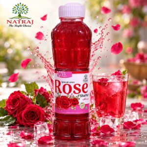 Natraj The Right Choice Rose Sharbat Syrup 750ml bottle with fresh roses and chilled rose drink