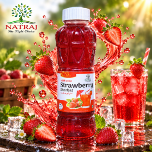 Natraj The Right Choice Strawberry Sharbat Syrup 750ml bottle with iced summer drink