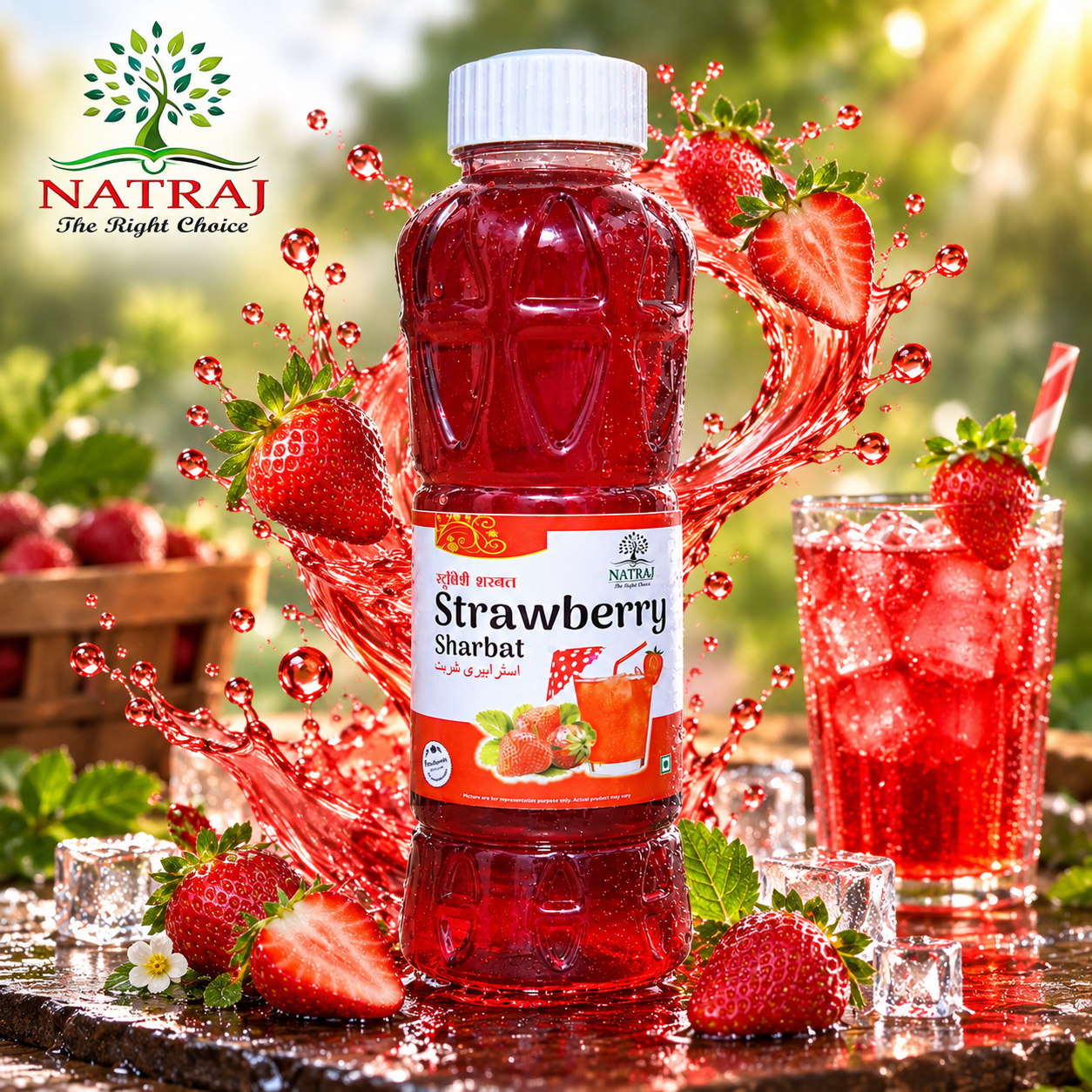 STRAWBERRY Real 1080 x 1080 Natraj The Right Choice Strawberry Sharbat Syrup 750ml bottle with iced summer drink
